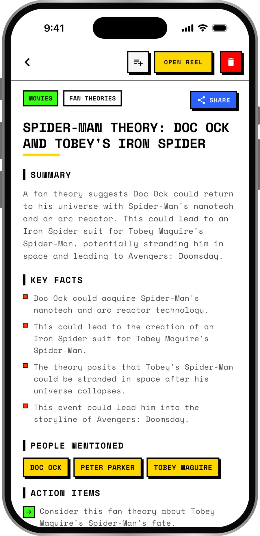 A ReelPin record: a Spider-Man fan theory written up as a summary, four key facts, the people it mentioned and an action item, labelled Movies and Fan Theories